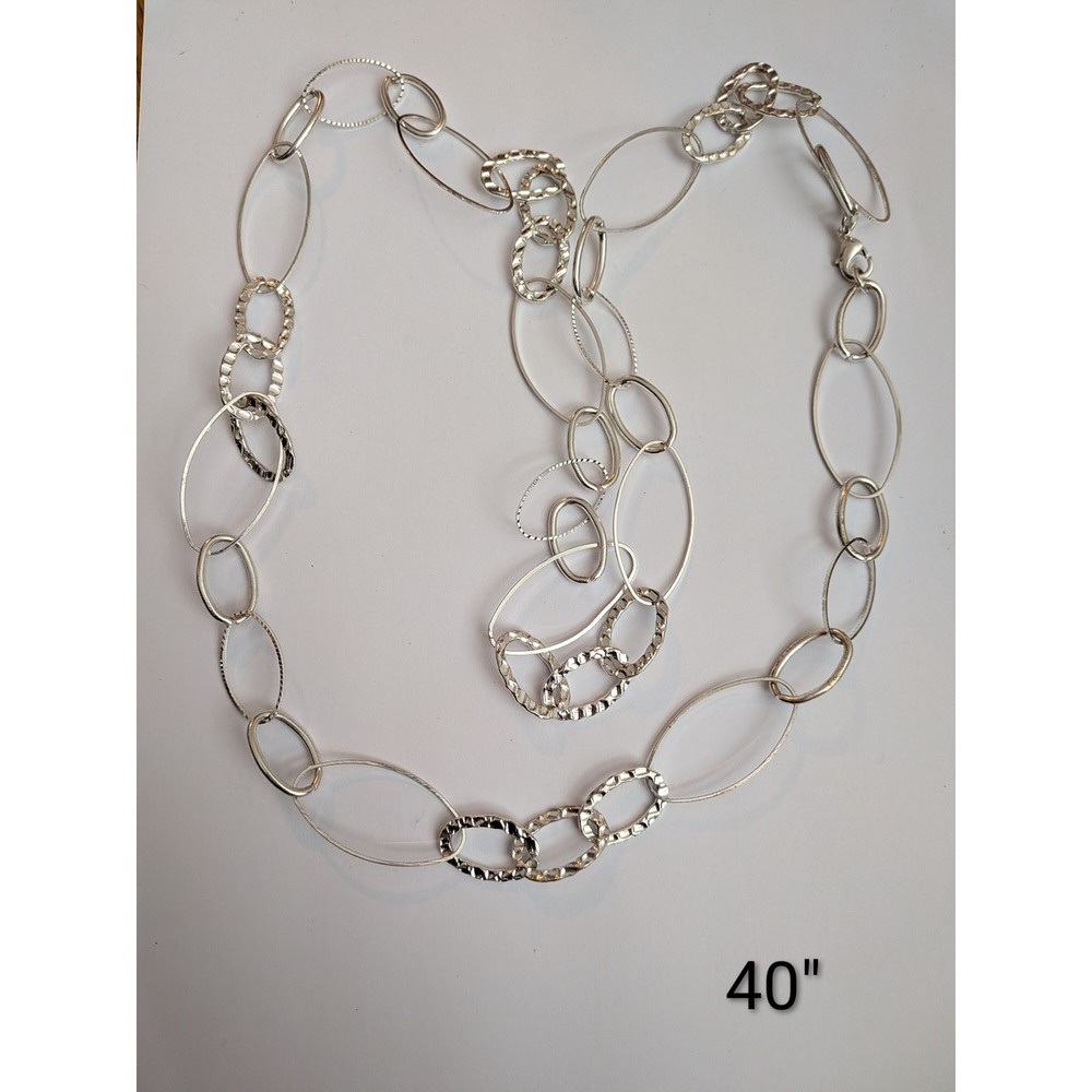 Silver Tone Textured Mixed Oval Link Long Chain Necklace 40 Inch Statement Piece